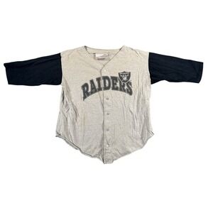 VTG Los Angeles Raiders‎ Baseball Shirt Mens Large Gray Black Button V Neck Logo
